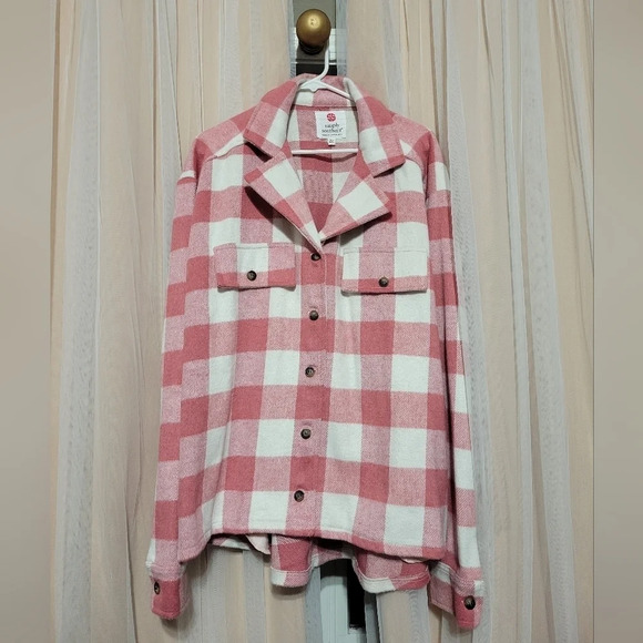 Simply Southern Oversized Fleece Trucker Shacket, Pink Buffalo Plaid, EUC! - Picture 1 of 12